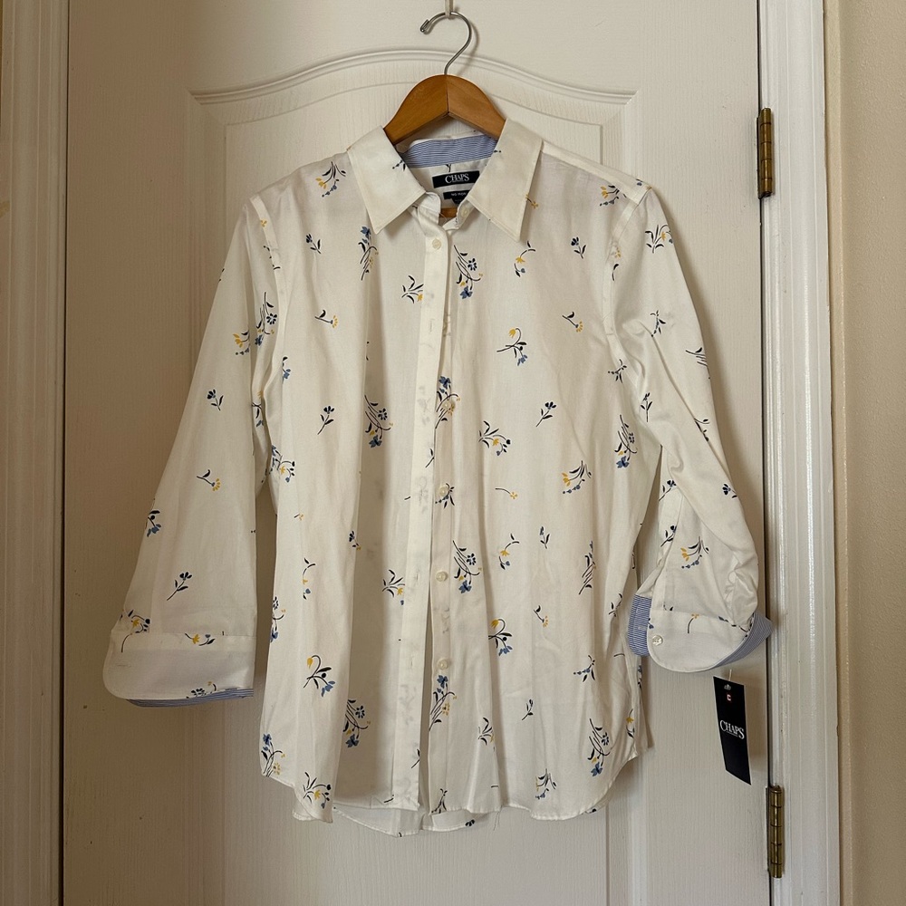 Chaps Cream and Blue Casual Button Down Shirt